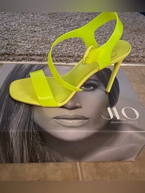 Jennifer Lopez Neon Lime Patent Strappy High Heel Sandal